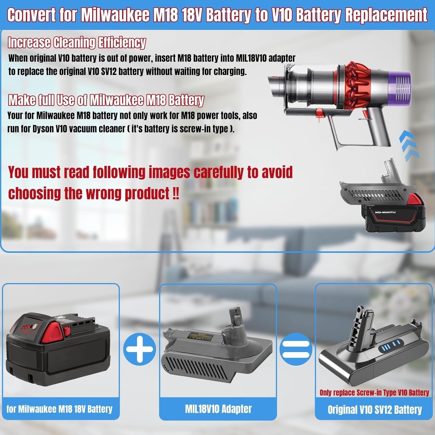 V10 Adapter for Milwaukee 18V Battery Convert to for Dyson SV12 Animal Absolute