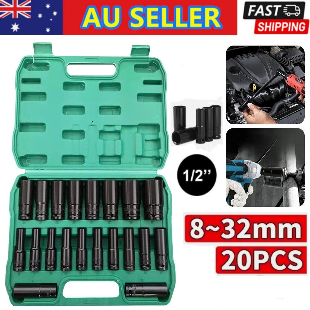 1/2" Socket Set CR-V Steel Metric Sockets Long 20PCS 8-32MM
