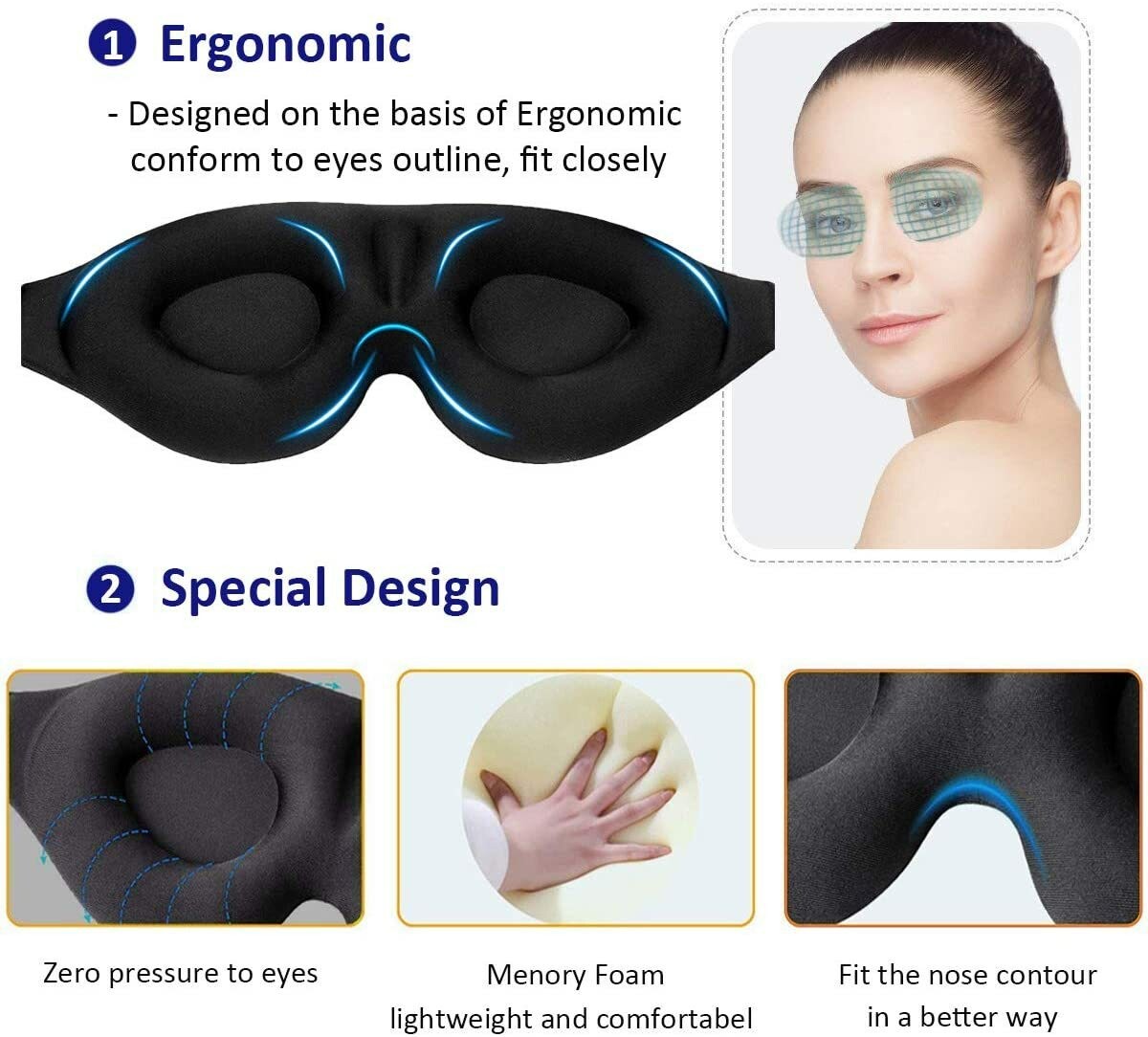 3D Sleep Mask Blindfold Eye Masks Cover Memory Foam Soft Padded