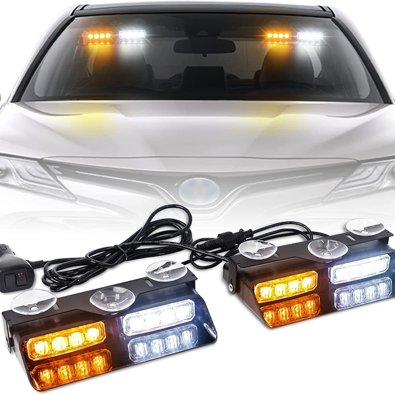 12V 2 in 1 Emergency Dash Strobe Lights Interior Windshield Amber White Warning