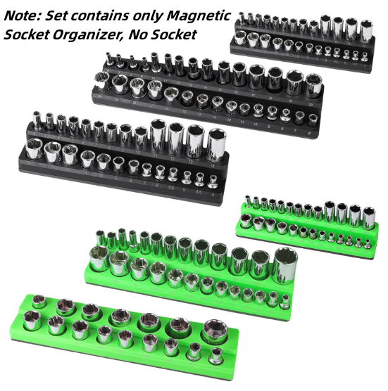6pcs Magnetic Socket Organizer Metric Socket Tray, Black and Green