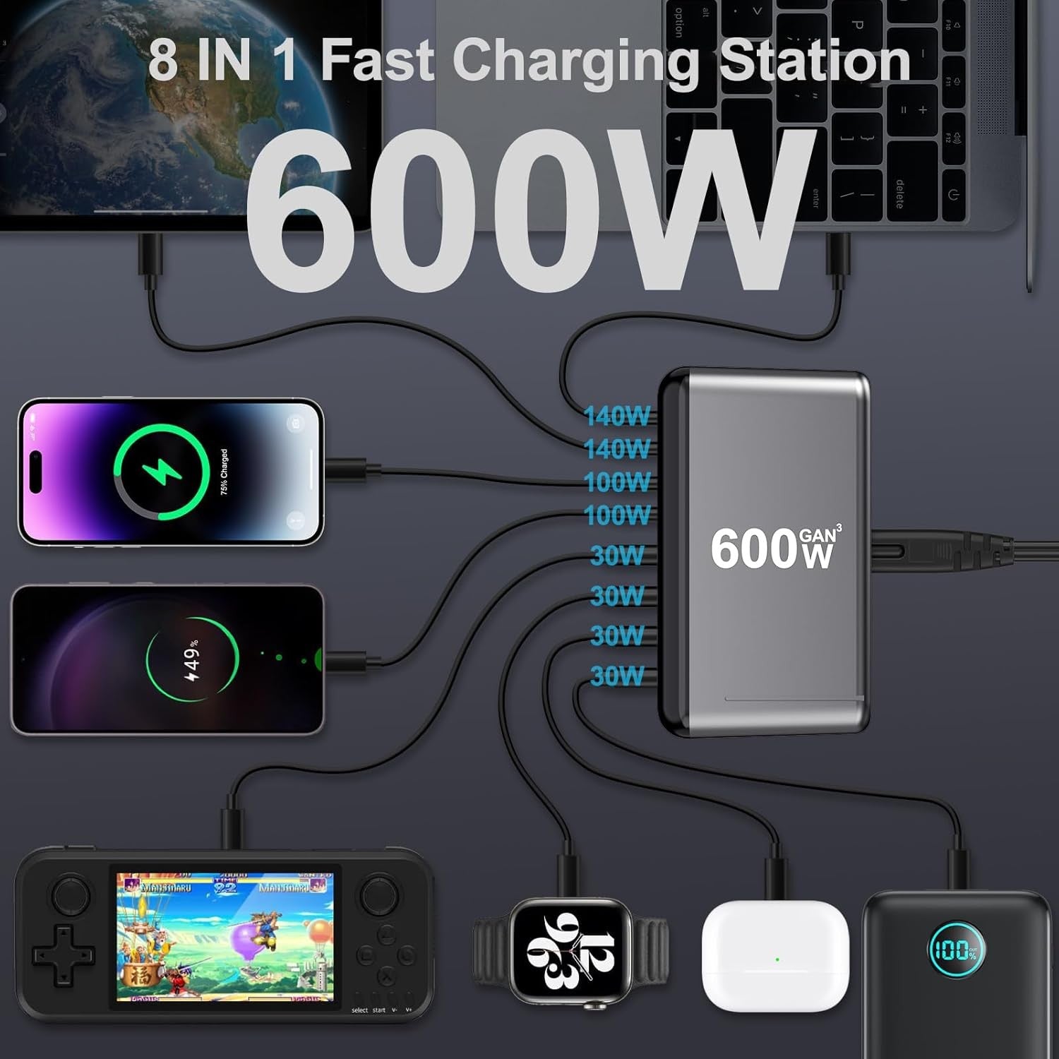 600W Fast Charging Station HUB Wall Charger USB Type C PD 8 Ports