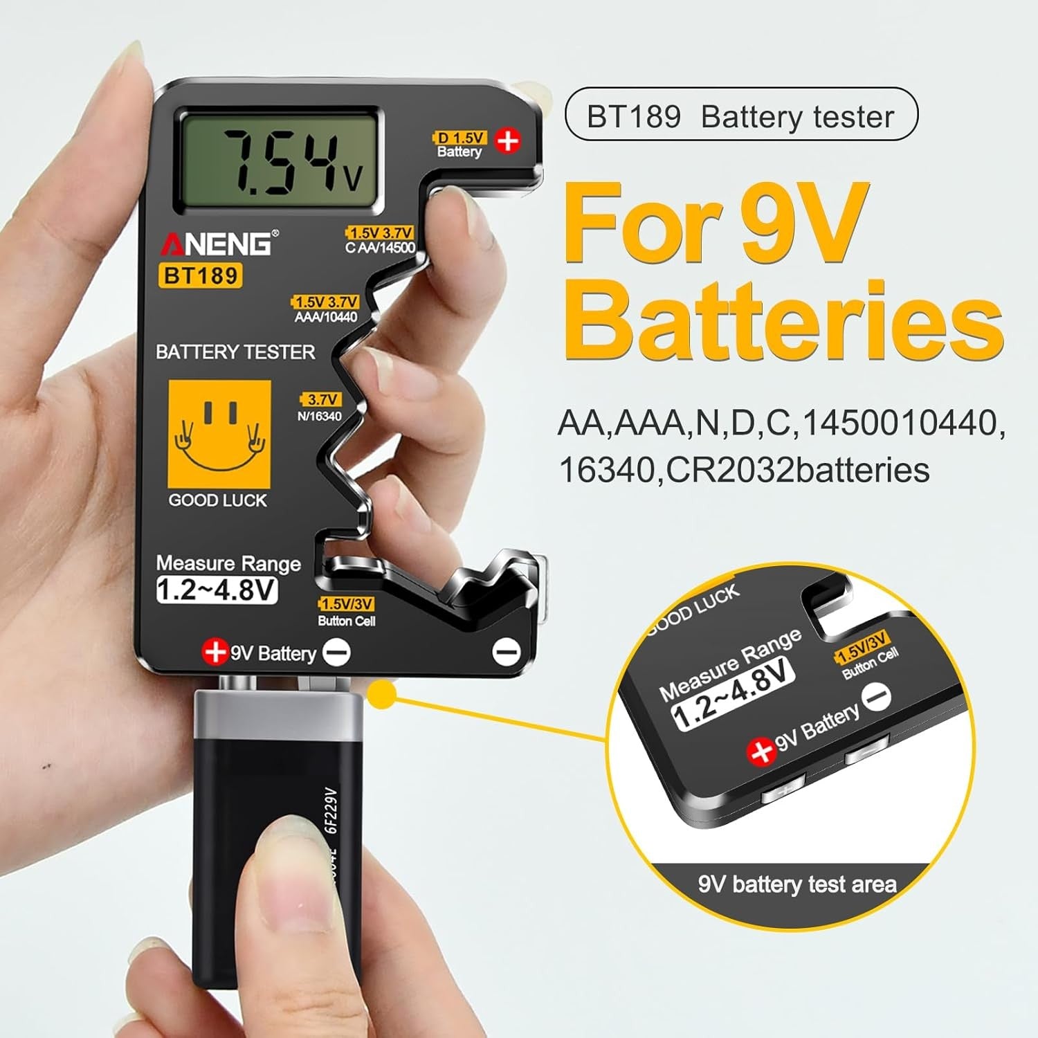 Battery Tester for AAA AA C D 9V F 6F22 1.5V/3V Button Batteries Detector LCD