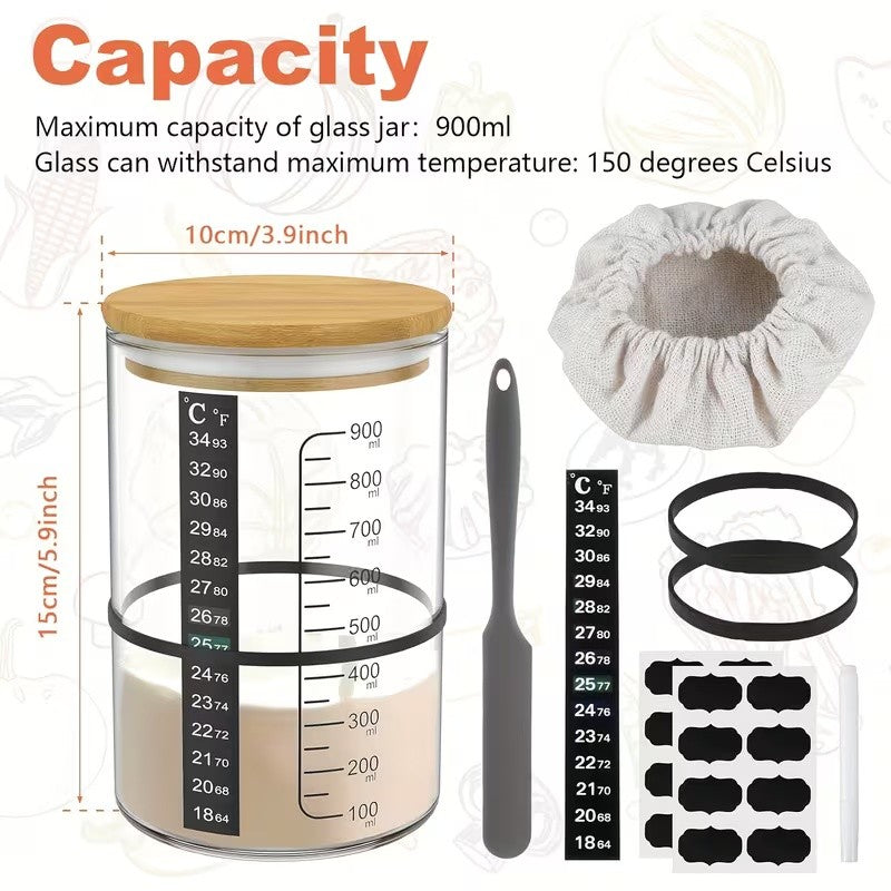 Sourdough Starter Jar Kit 900ml Heat Resistant Container Lid Spatula Bread Bakin