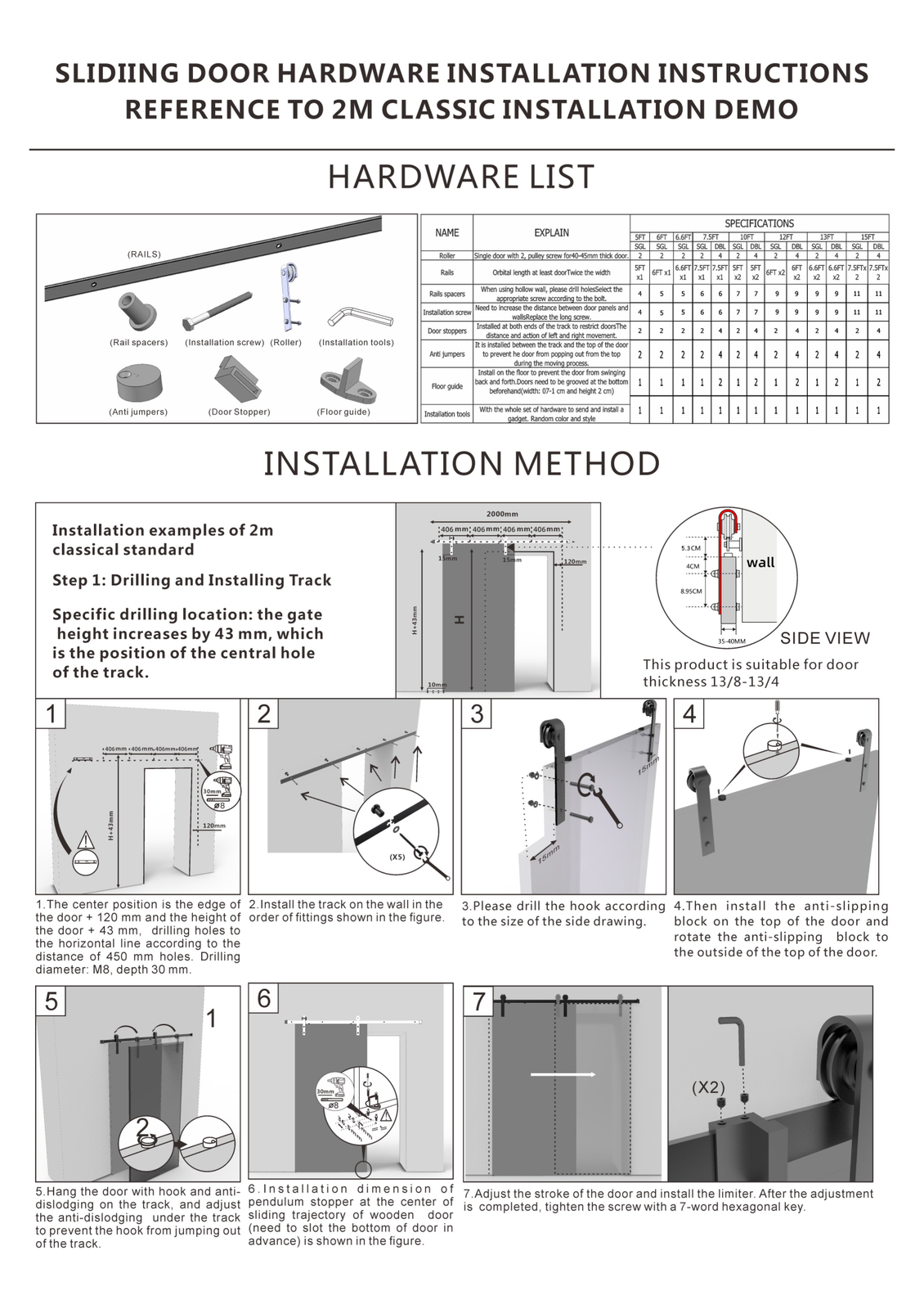 2M Sliding Barn Door Hardware Kit