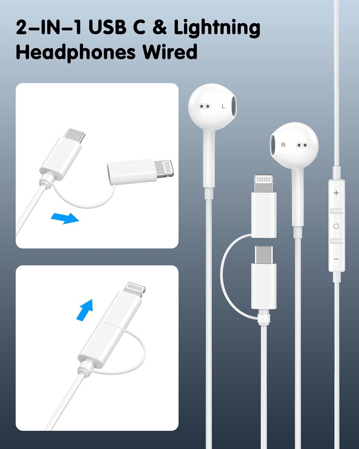 2-in-1 Wired Headphones - USB-C & Lightning, Compatible with iPhone