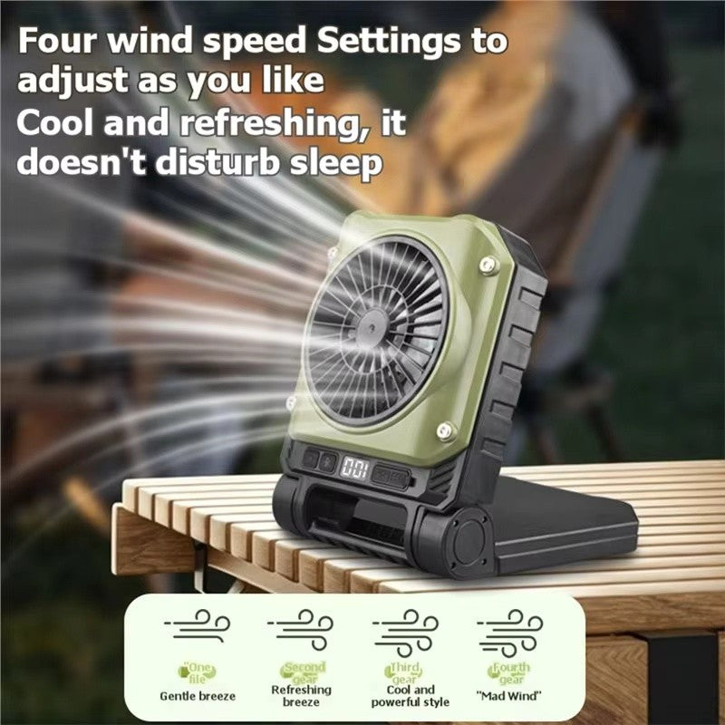 Solar Camping Fan with LED Light Portable Folding Outdoor Tent Fan Dual Panel
