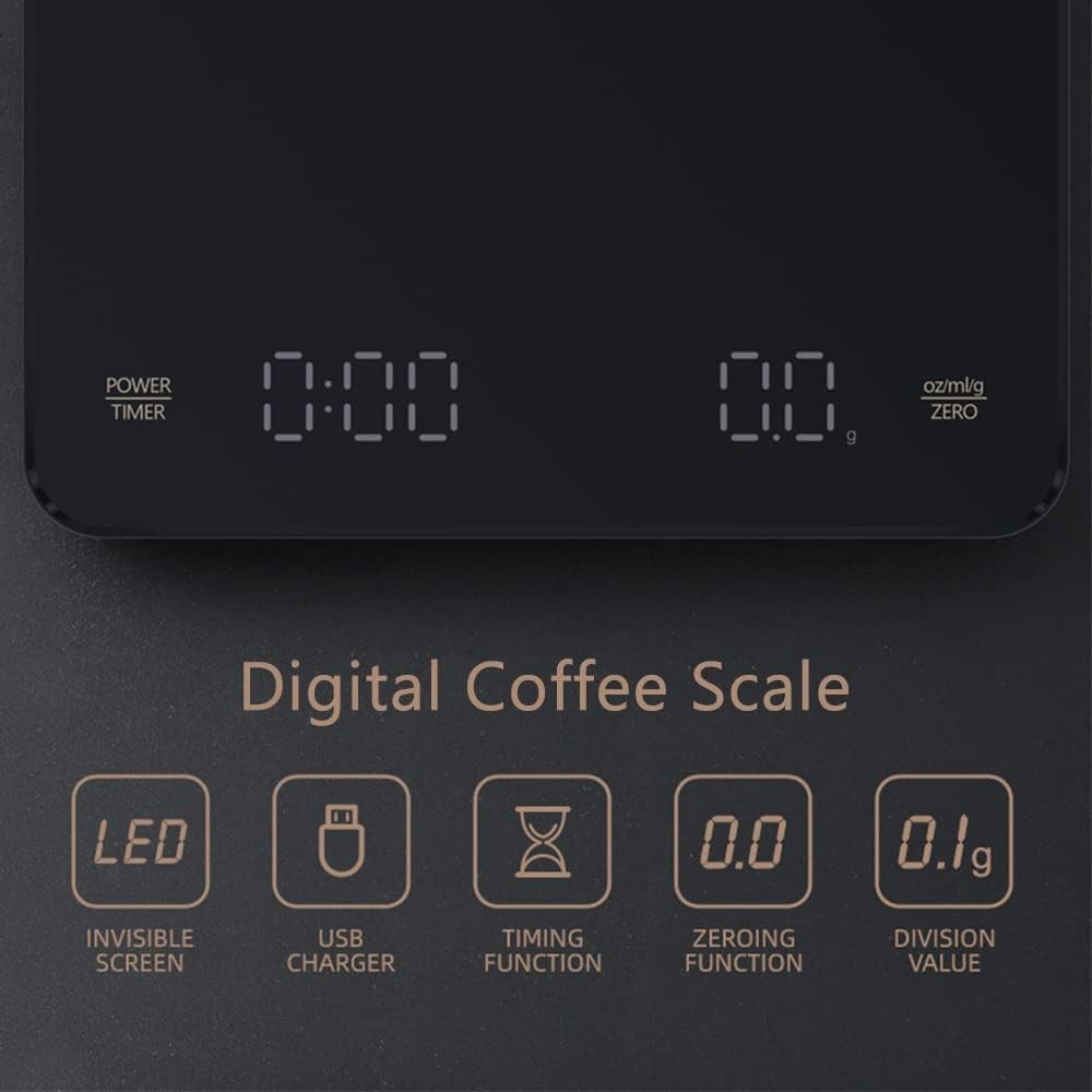 High Precision Digital Coffee Scale Rechargeable LED Display with Timer 3kg