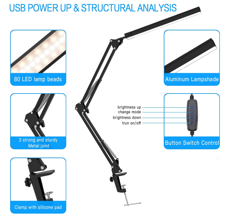 LED Desk Table Lamp Swing Arm Clamp USB Power Dimmable Reading Light