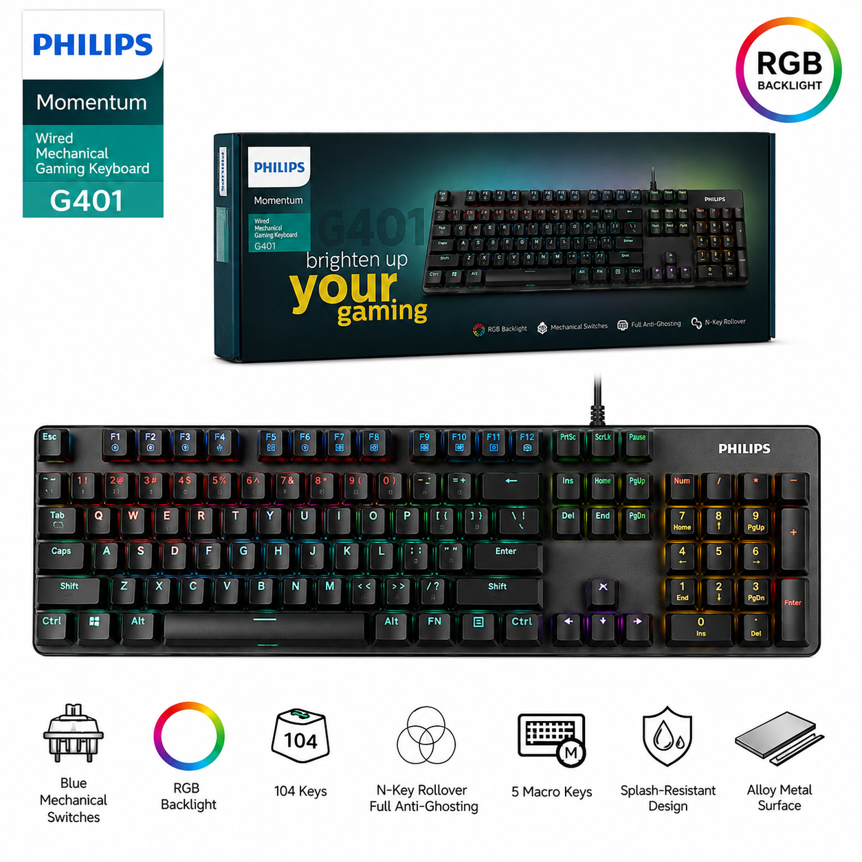 Philips Wired Mechanical Gaming Keyboard - Rainbow Backlight