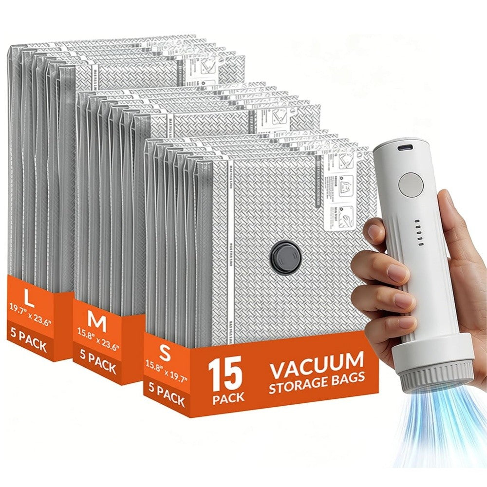 15 Pack Vacuum Storage Bags with Rechargeable Electric Pump Travel Space Saver