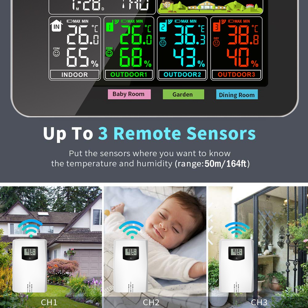 Weather Station Wireless Thermometer with 3 Sensors Temperature Humidity Monitor