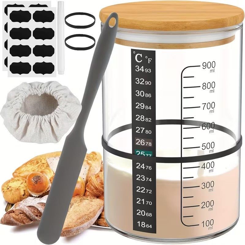 Sourdough Starter Jar Kit 900ml Heat Resistant Container Lid Spatula Bread Bakin