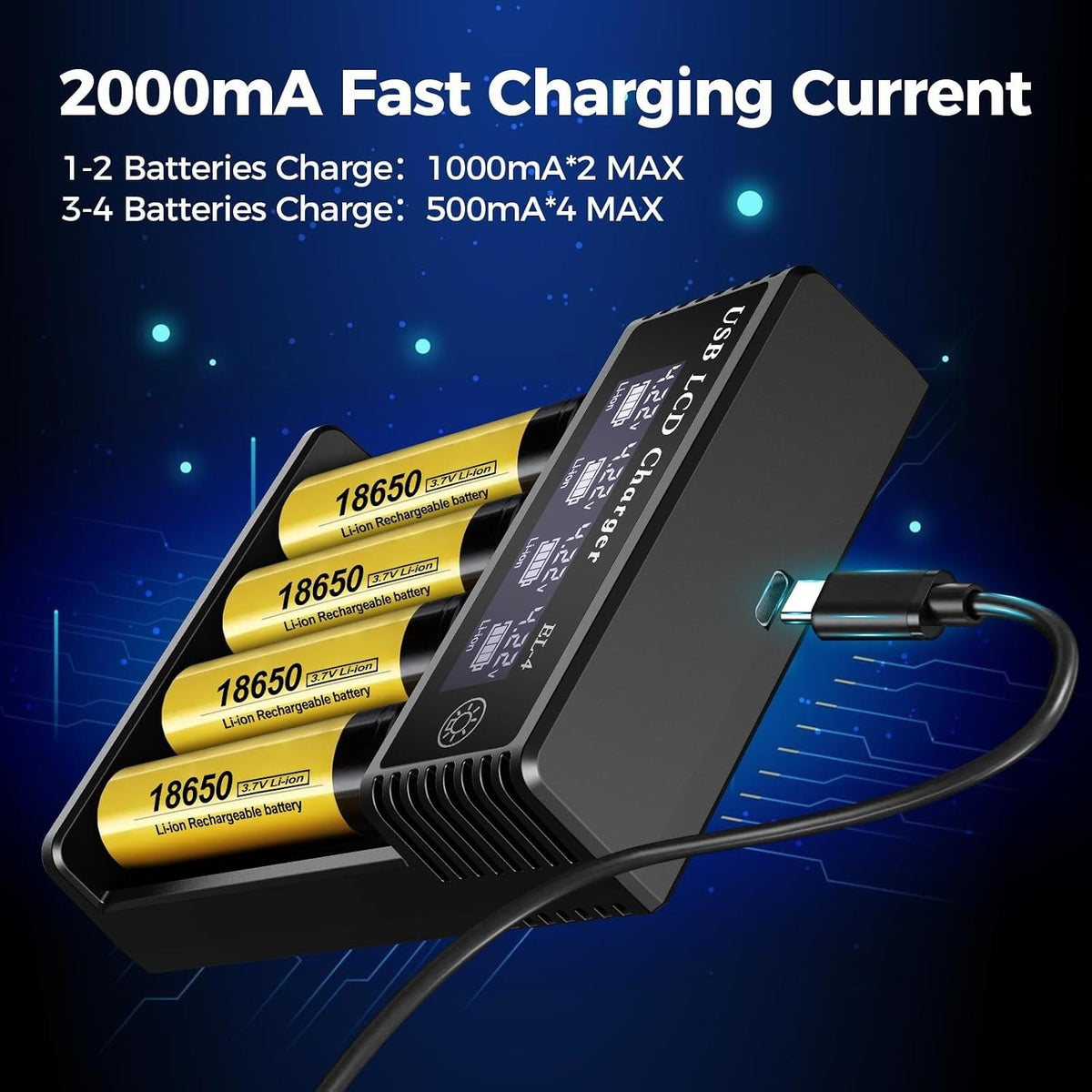 4 Bay Battery Charger LCD Display For Rechargeable Battery AA AAA 18650 26650