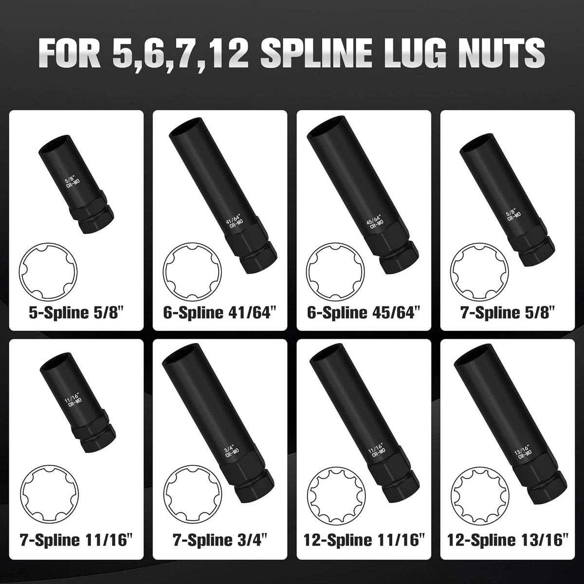 8pcs Spline Lug Nut Removal Tool Set for Removing Frozen Hex Wheel Locks