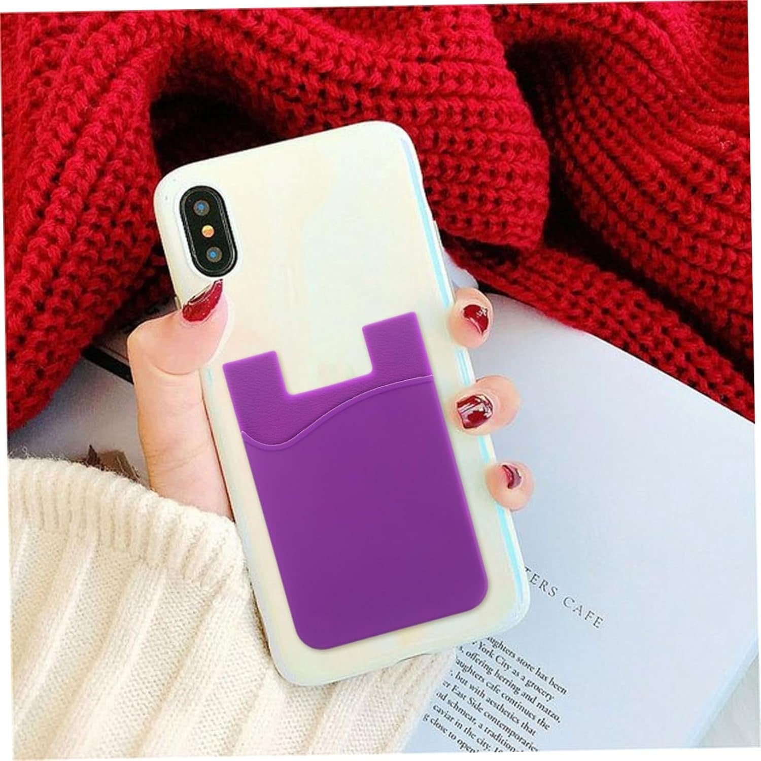 Purple Silicone Card Holder Pocket Case Wallet Pouch Sticker Cellphone Phone