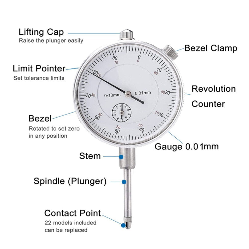 Dial Indicator Gauge Magnetic Base 0-10mm 60KG 22 Indicator Point Set