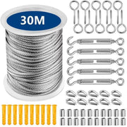 30M Stainless Steel Wire Rope Cable Kit Hooks Hanging Garden Railing Roll