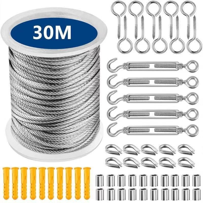 30M Stainless Steel Wire Rope Cable Kit Hooks Hanging Garden Railing Roll