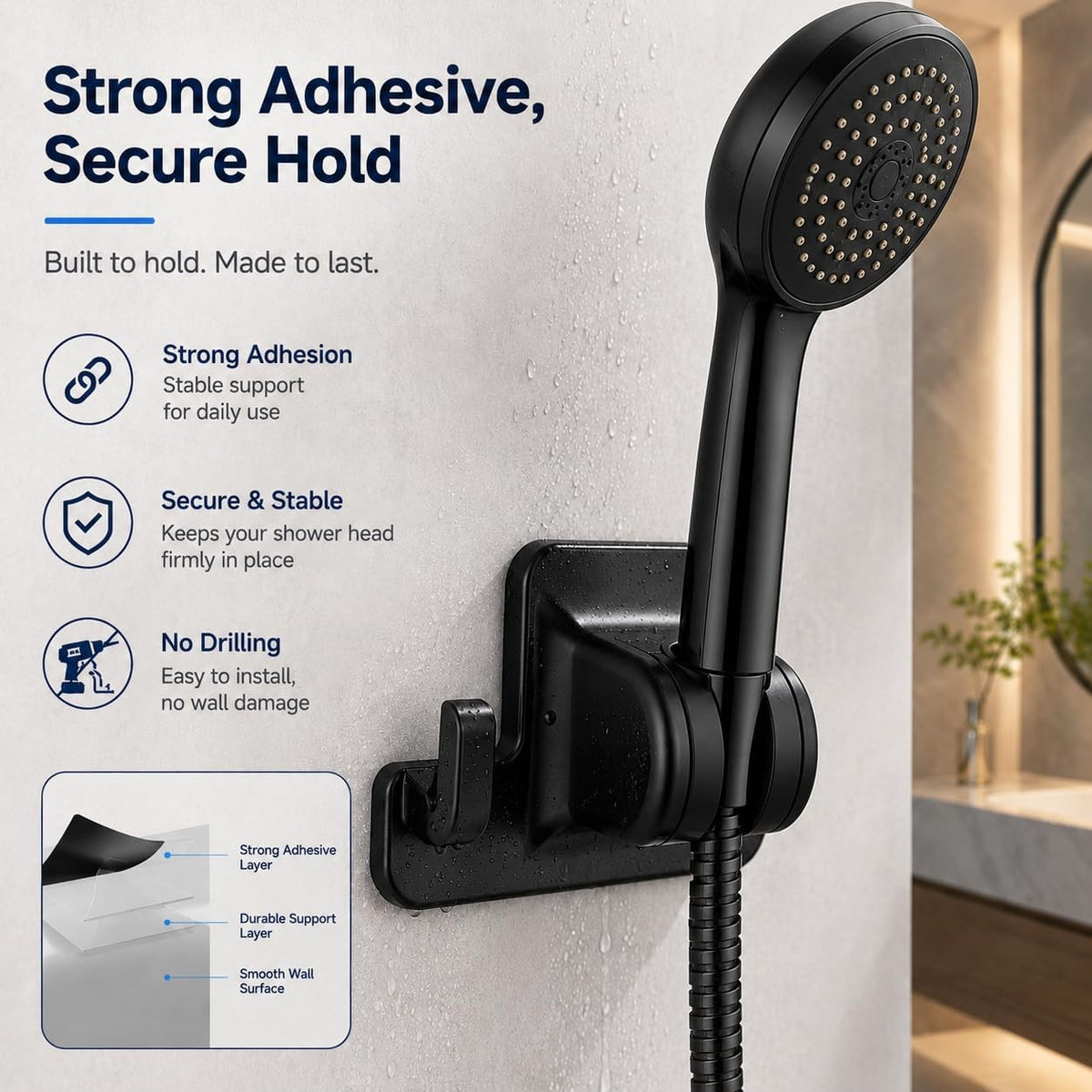 Shower Head Holder 45 Degree Rotatable No Drill Wall Mount Bracket with Hook