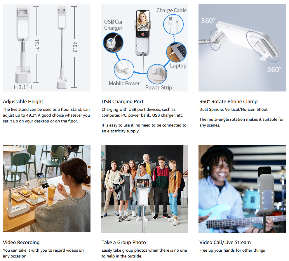 Extendable Selfie Stand 360° Rotation with Phone Holder Rechargeable Wireless