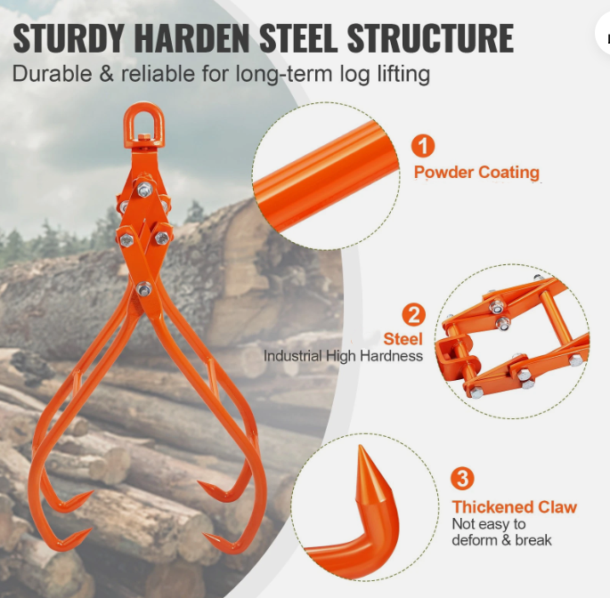 Timber Claw Hook with 4 Claws, Log Grapple, 1000kg Capacity 28inch