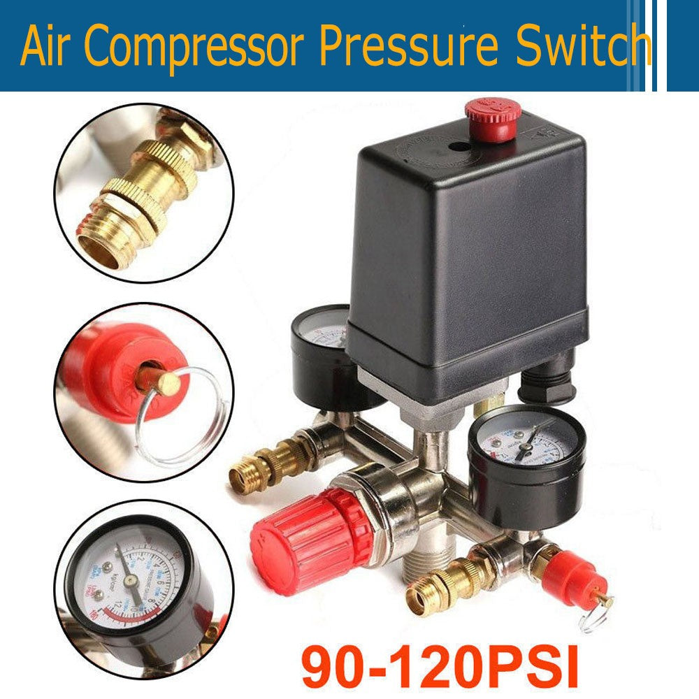 Air Compressor Pressure Switch Control Valve Manifold Gauges Regulator 90-120PSI