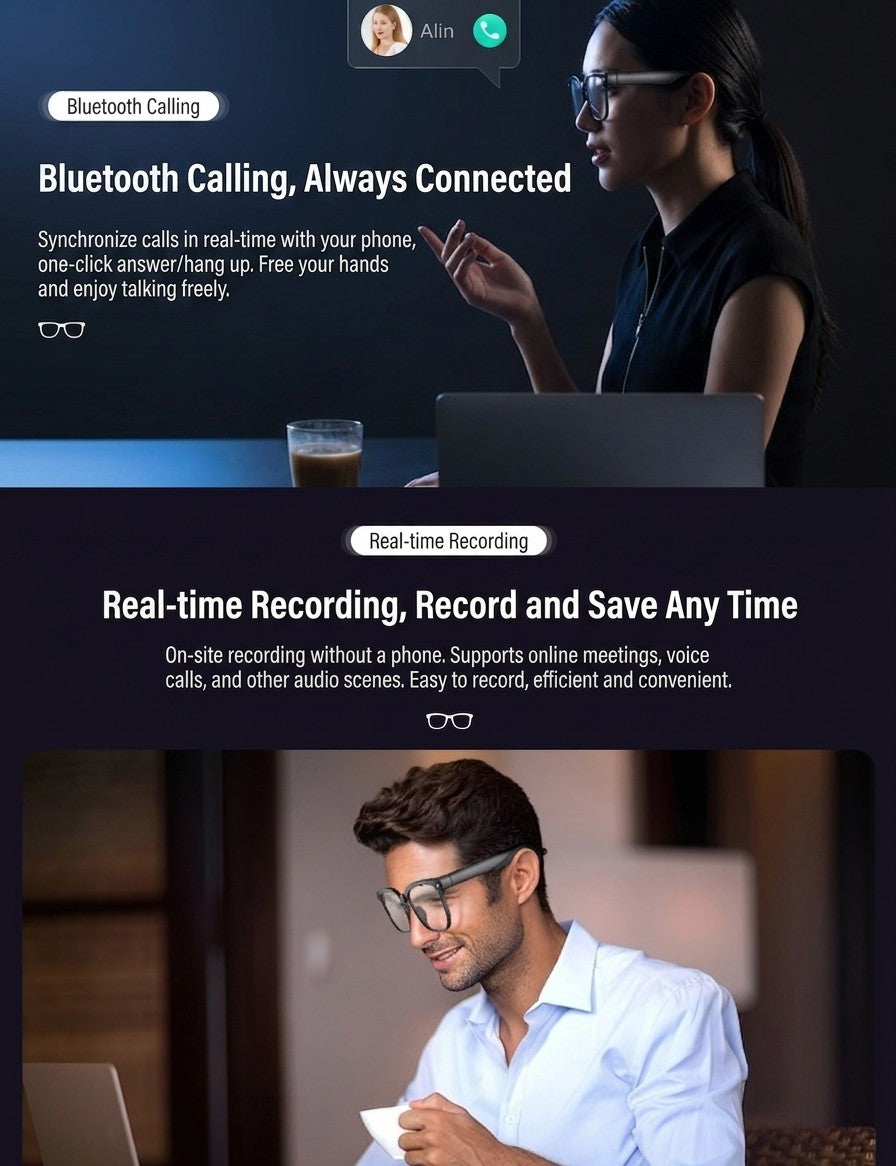 Smart AI Glasses 8MP HD Camera Bluetooth 5.0 Calling Real Time Audio Translation