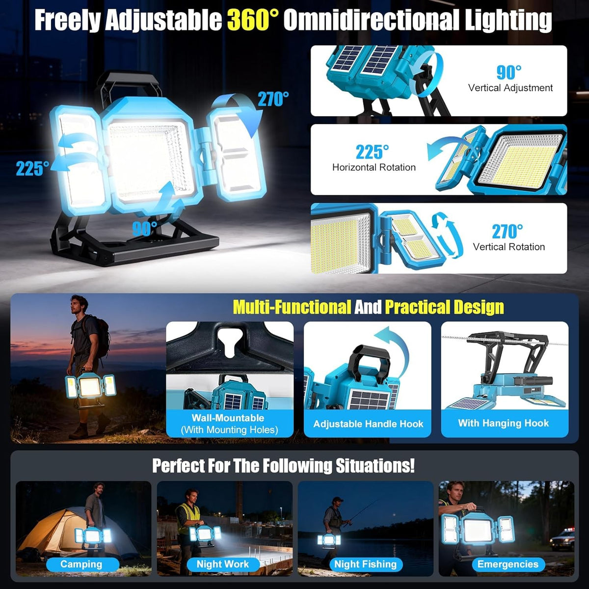 88W Solar Rechargeable Work Light 52000Lumen Foldable LED Work Lights w/ 3 Modes