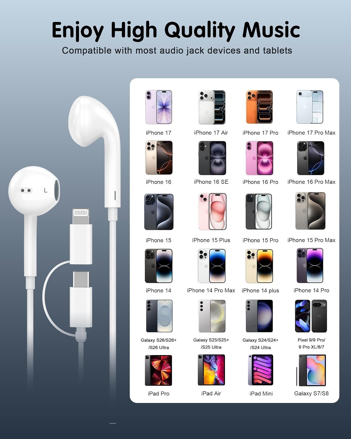 2-in-1 Wired Headphones - USB-C & Lightning, Compatible with iPhone