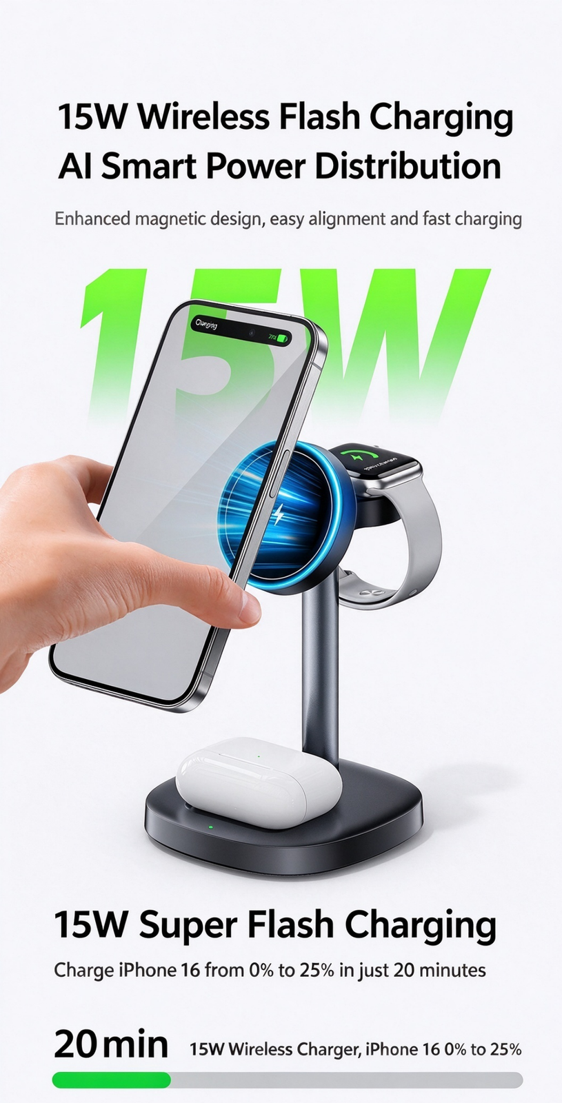 Magnetic Wireless Fast Charging Station 15W for iPhone, Apple Watch and AirPods