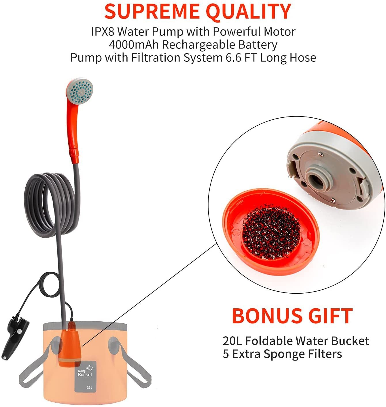 Portable Camping Shower Kit with Folding Bucket