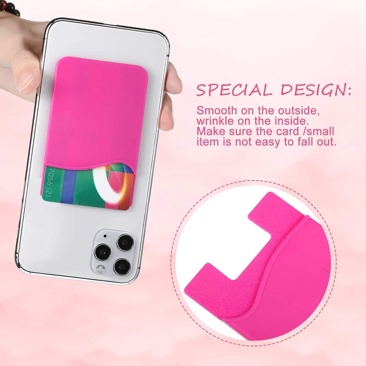 Fushia Silicone Credit Card Holder Pocket Case Wallet Pouch Sticker Cellphone