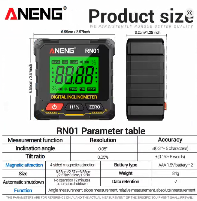 ANENG RN01 Digital Inclinometer Angle Measurement Level Slope Measuring
