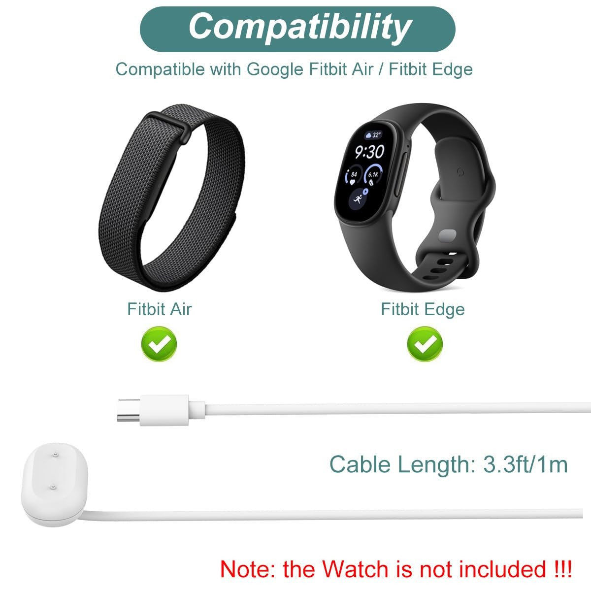Type-C Magnetic Charger Cable for Google Fitbit Air Edge Activity Tracker 1m