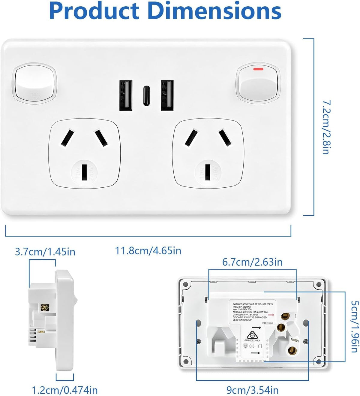 Wall Socket Power Point USB Double - Horizontal - 10A (USB Type C, USB)