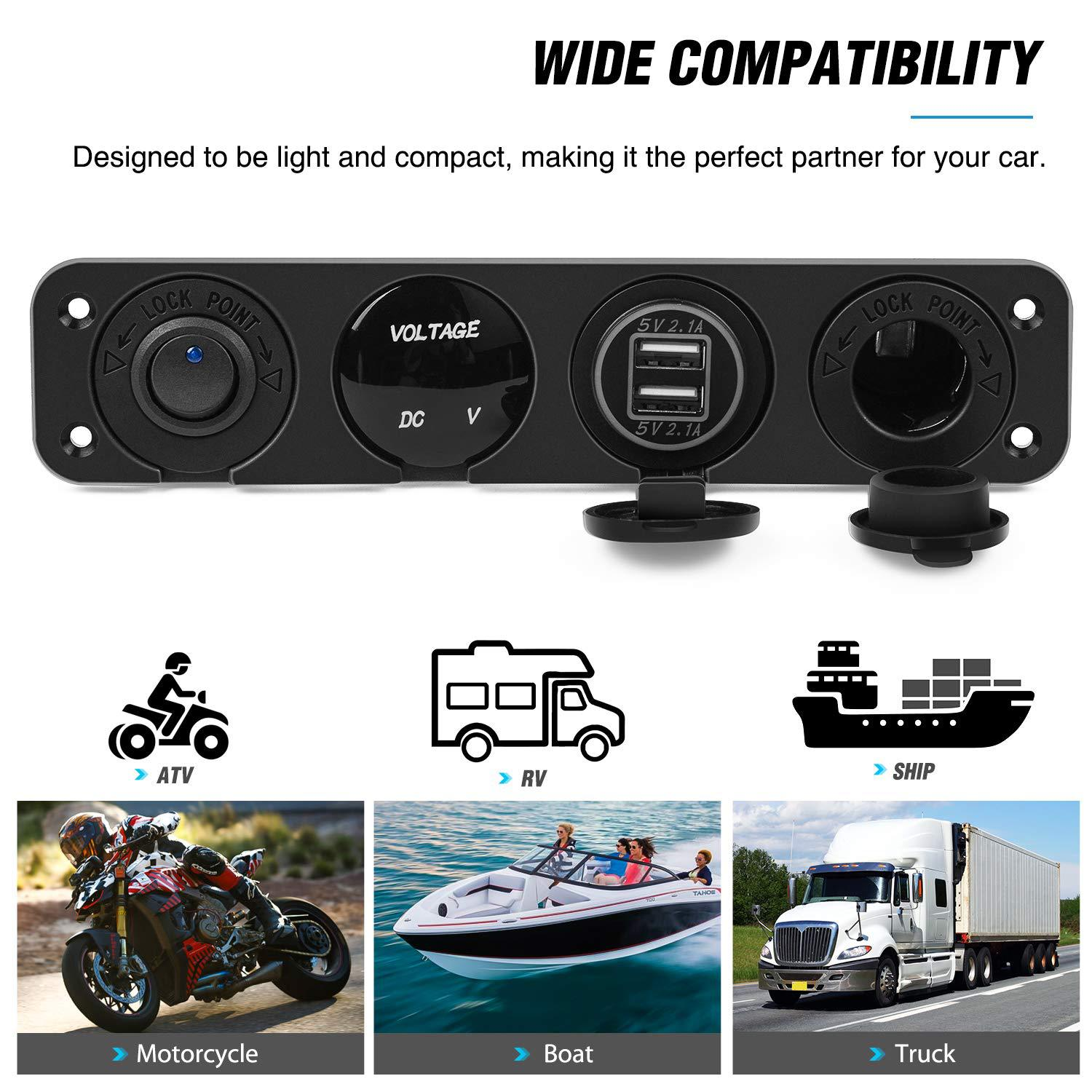 4 in 1 Charger Outlet Socket Panel QC Dua 12V USB Power Outlet Car Switch