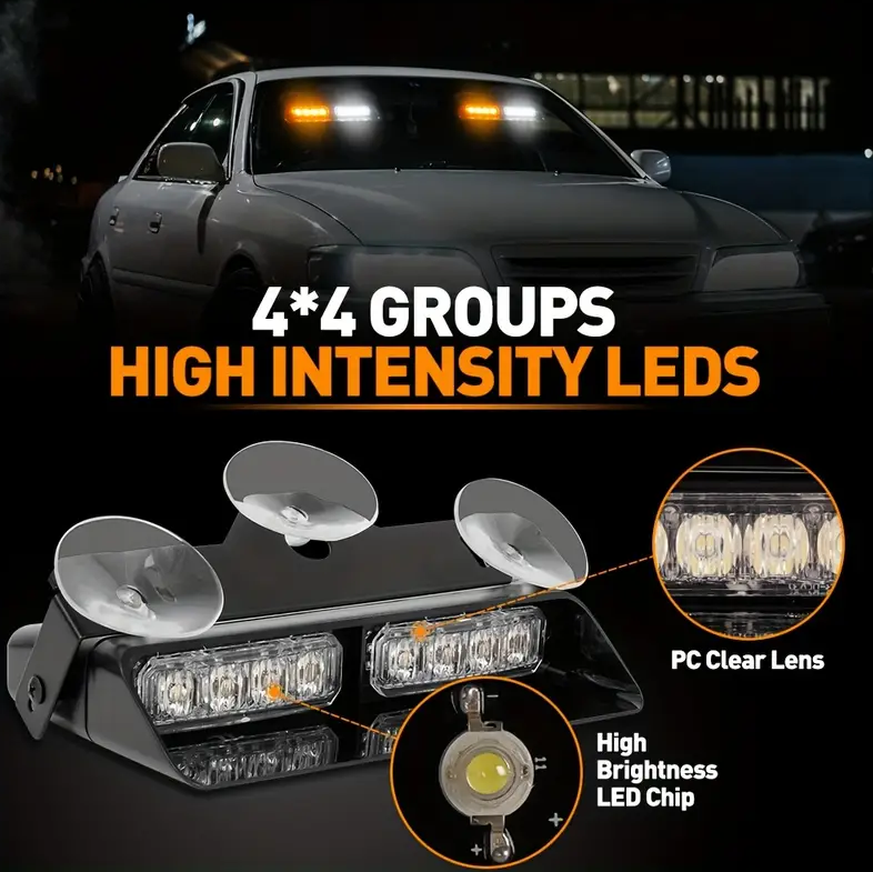 12V 2 in 1 Emergency Dash Strobe Lights Interior Windshield Amber White Warning