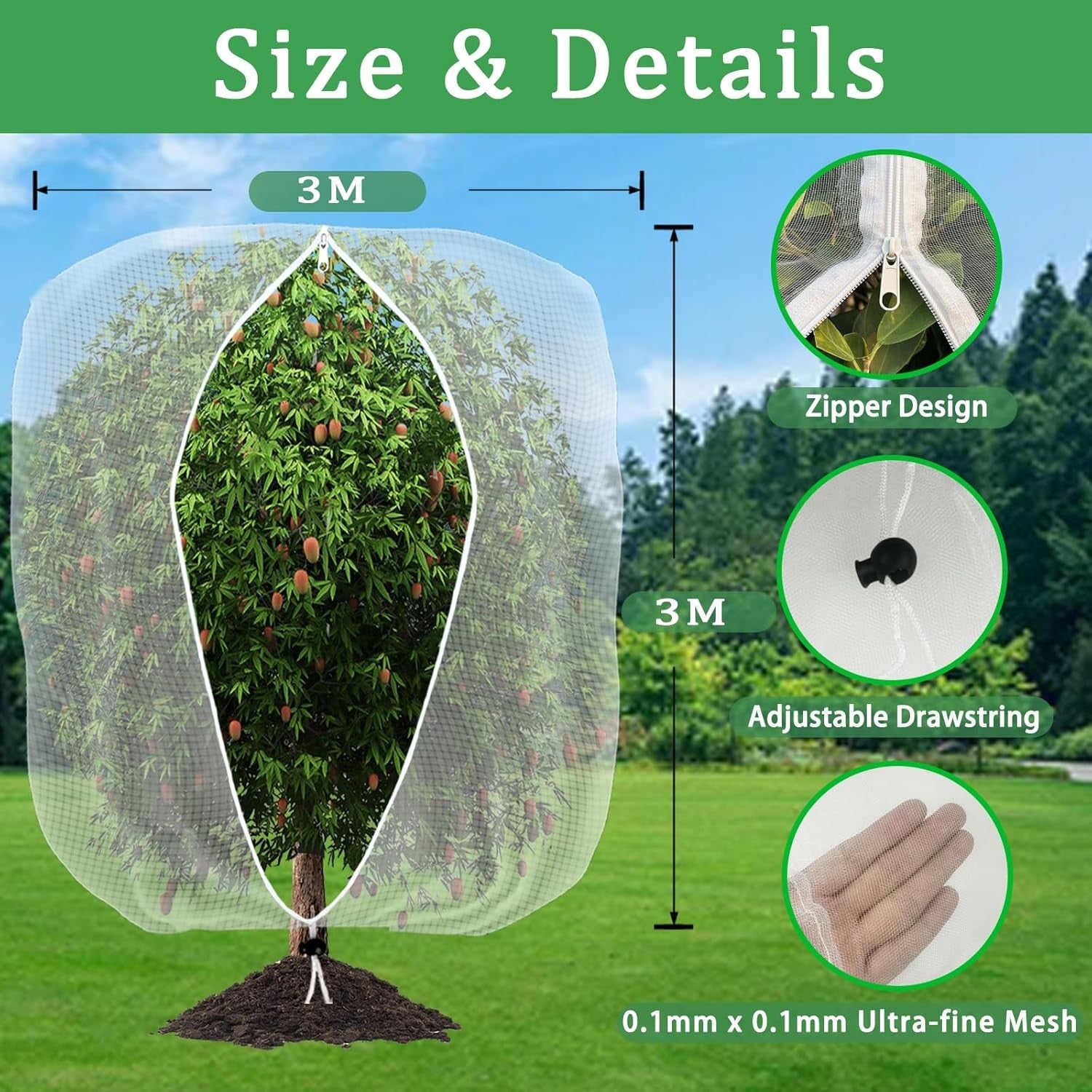 3MX3M Garden Insect Netting Bag with Zipper and Drawstring Fruit Tree Netting