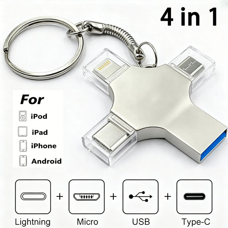 4-in-1 USB Flash Drive 64GB – Lightning, Type-C, Micro USB & USB 2.0