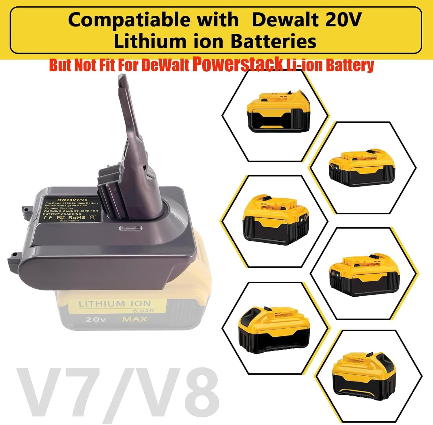 Dewalt 18V 20V Battery to Dyson V7 V8 Adapter Converter