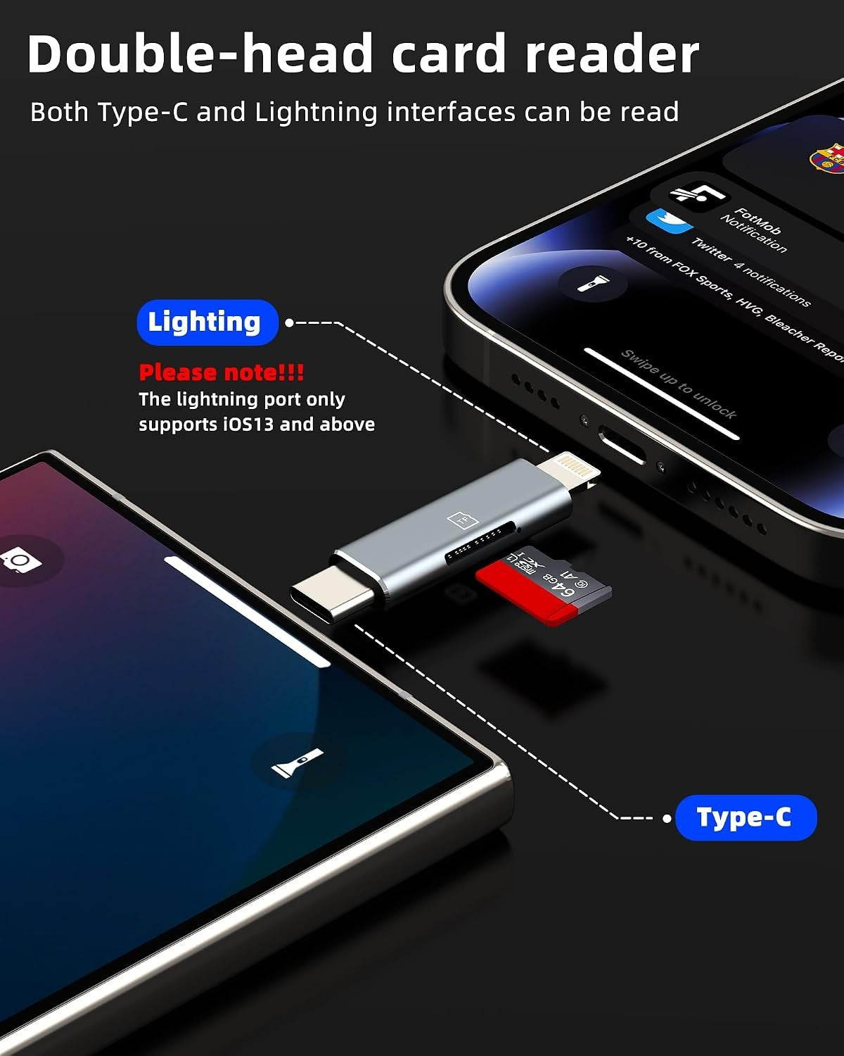 USB C Lightning to Micro SD Card Reader for iPhone Samsung Android