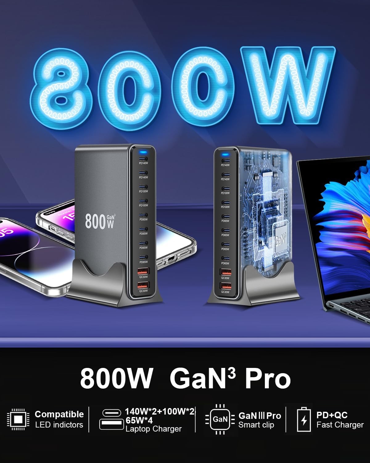 800W GaN PD USB Type C Fast Charger Charging Station For Laptop Mobile MacBook