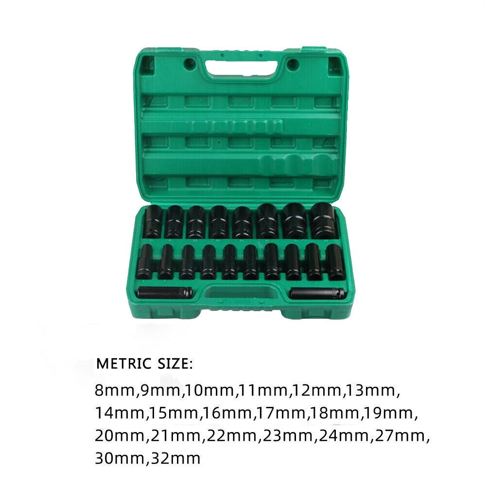 1/2" Socket Set CR-V Steel Metric Sockets Long 20PCS 8-32MM