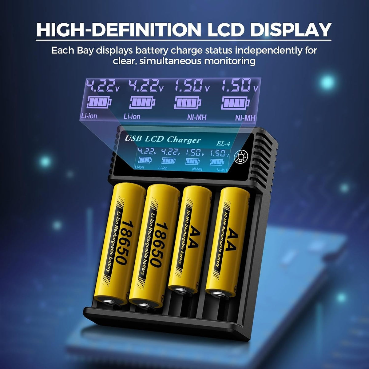 4 Bay Battery Charger LCD Display For Rechargeable Battery AA AAA 18650 26650