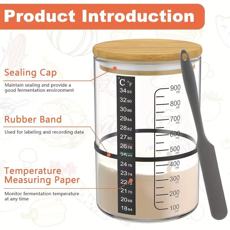 Sourdough Starter Jar Kit 900ml Heat Resistant Container Lid Spatula Bread Bakin