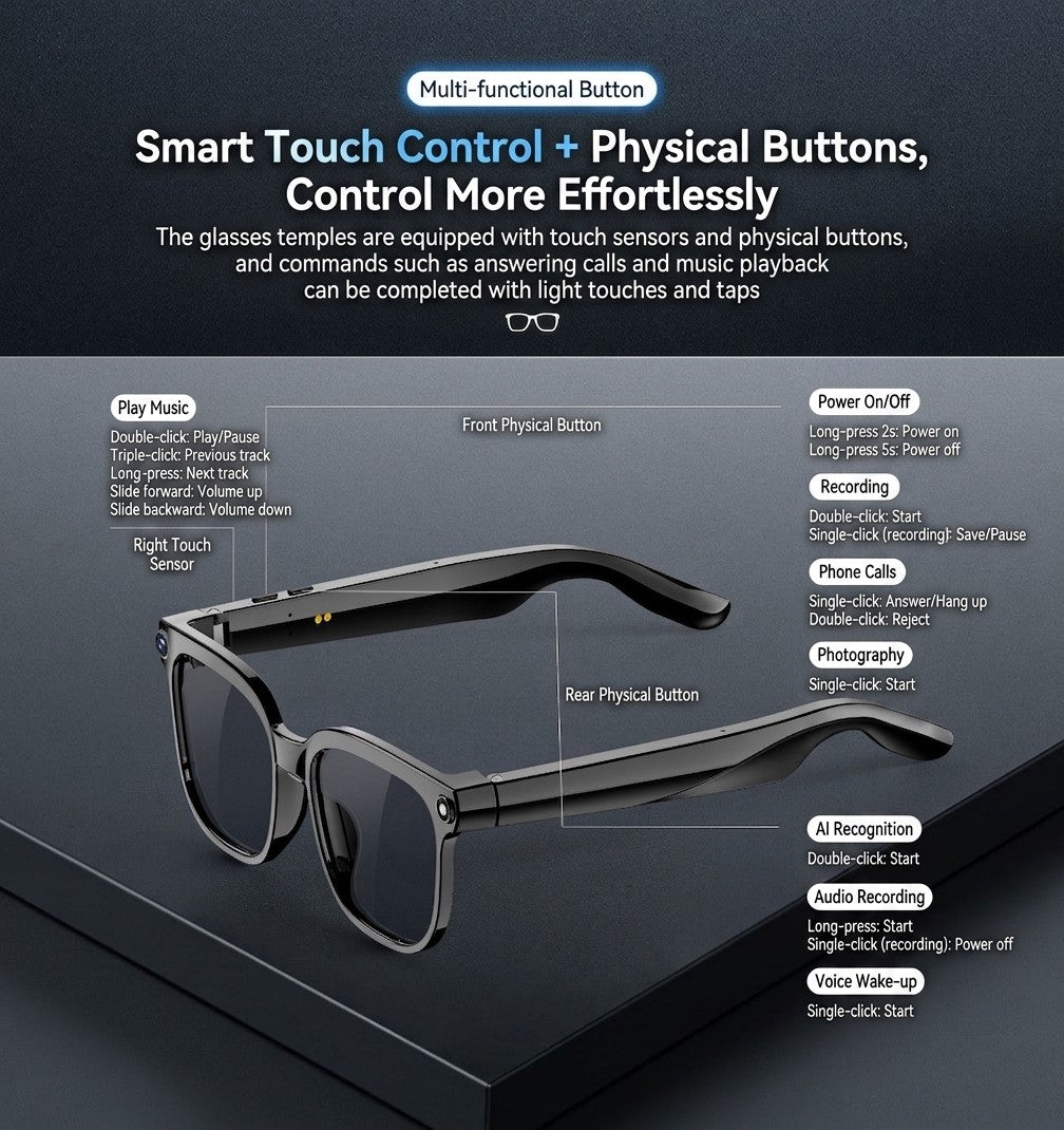 Smart AI Glasses 8MP HD Camera Bluetooth 5.0 Calling Real Time Audio Translation