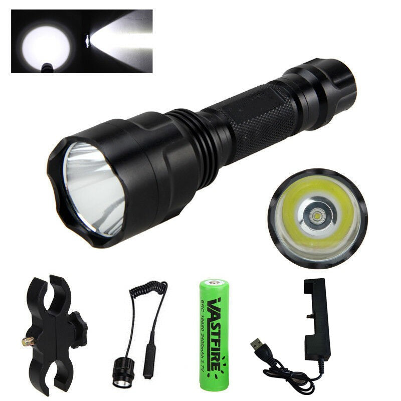 Tactical White Flashlight Hunting Torch Light Camping Lamp Scope Gun Mount