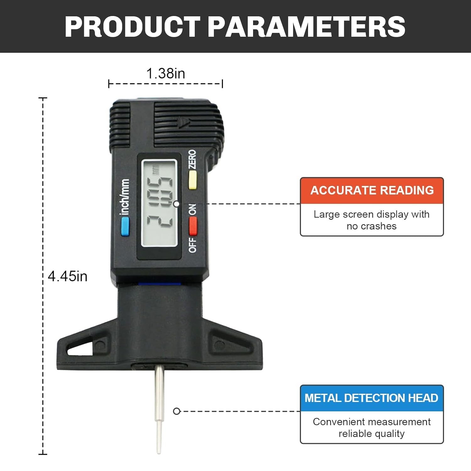 Tyre Tread Depth Gauge Portable Tread Depth Tester with Large Screen Display