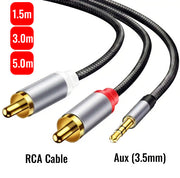 1.5/3/5 M Premium Quality AUX 3.5mm to 2 RCA Cable Y Converter Cord Connector